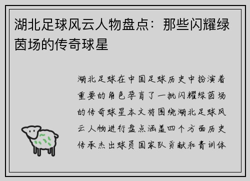 湖北足球风云人物盘点：那些闪耀绿茵场的传奇球星